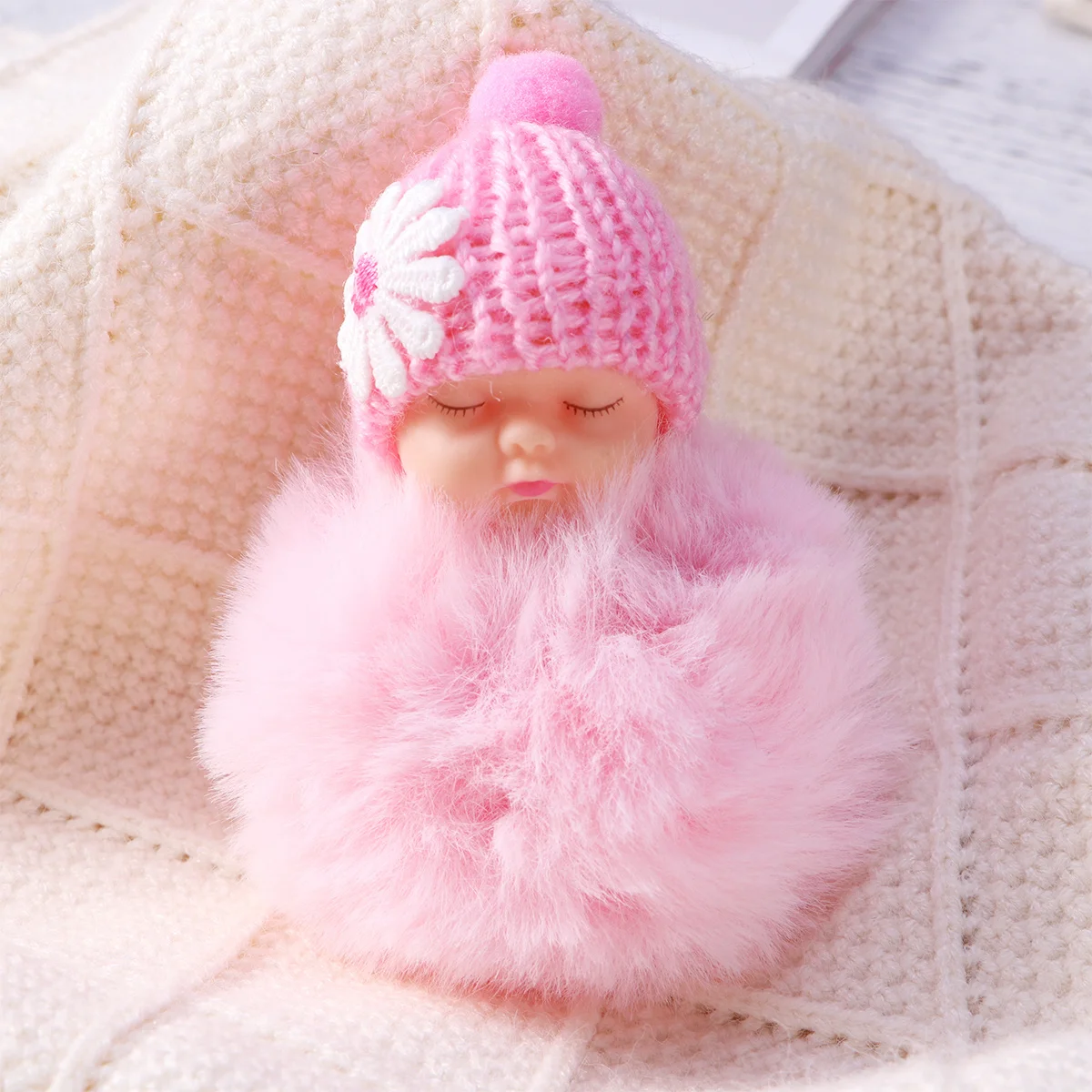Sleeping Baby Ball Pompom Key Chain Light Pink Handbag Car Keyring Cute Accessory Charming Key Ring Gift for Women Ladies