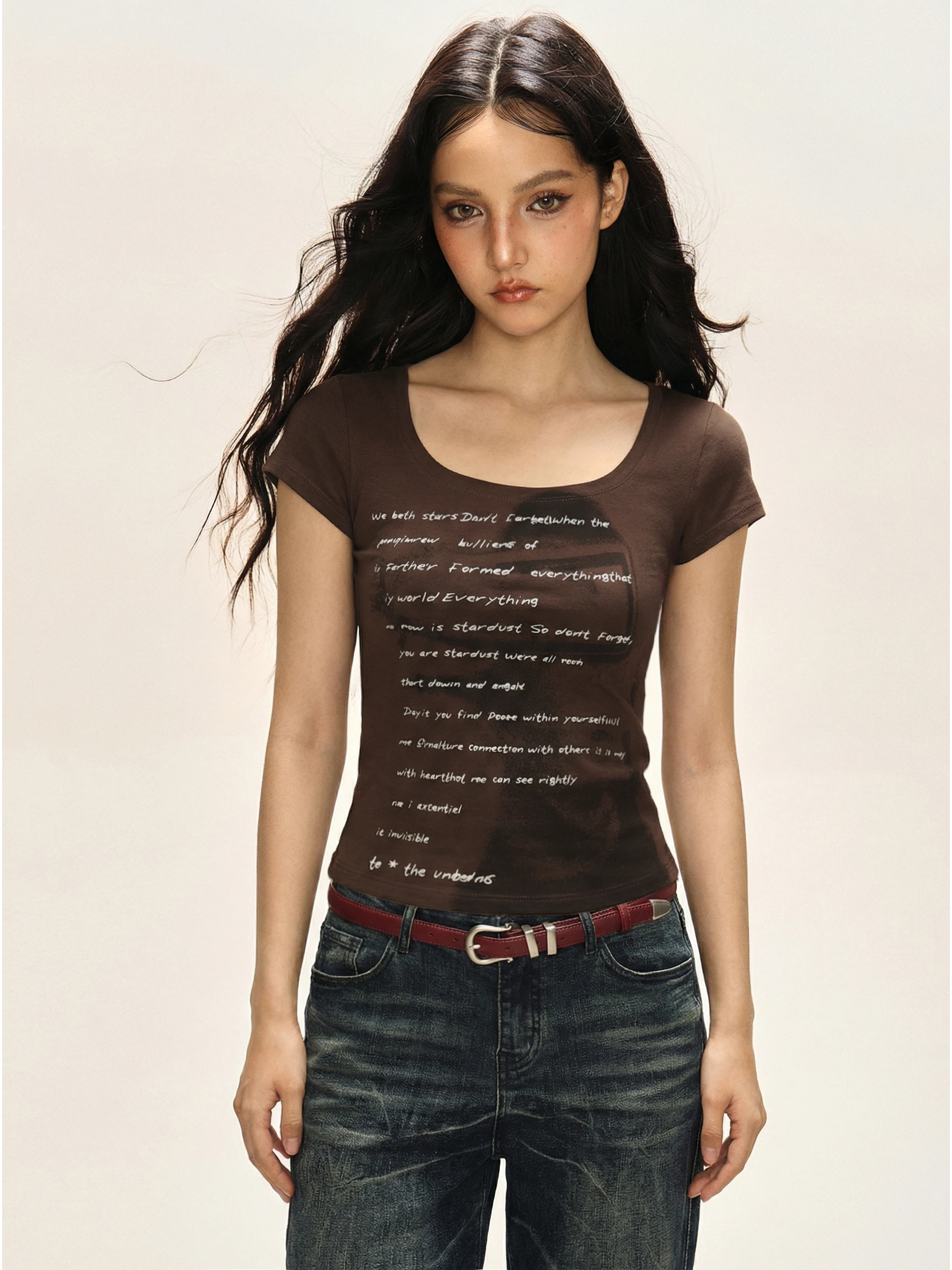  Letter Print Short Sleeve T-Shirt Women Summer Spicy Shoulder American U-neck Short Top Vintage Style Slim Fit Ladie...