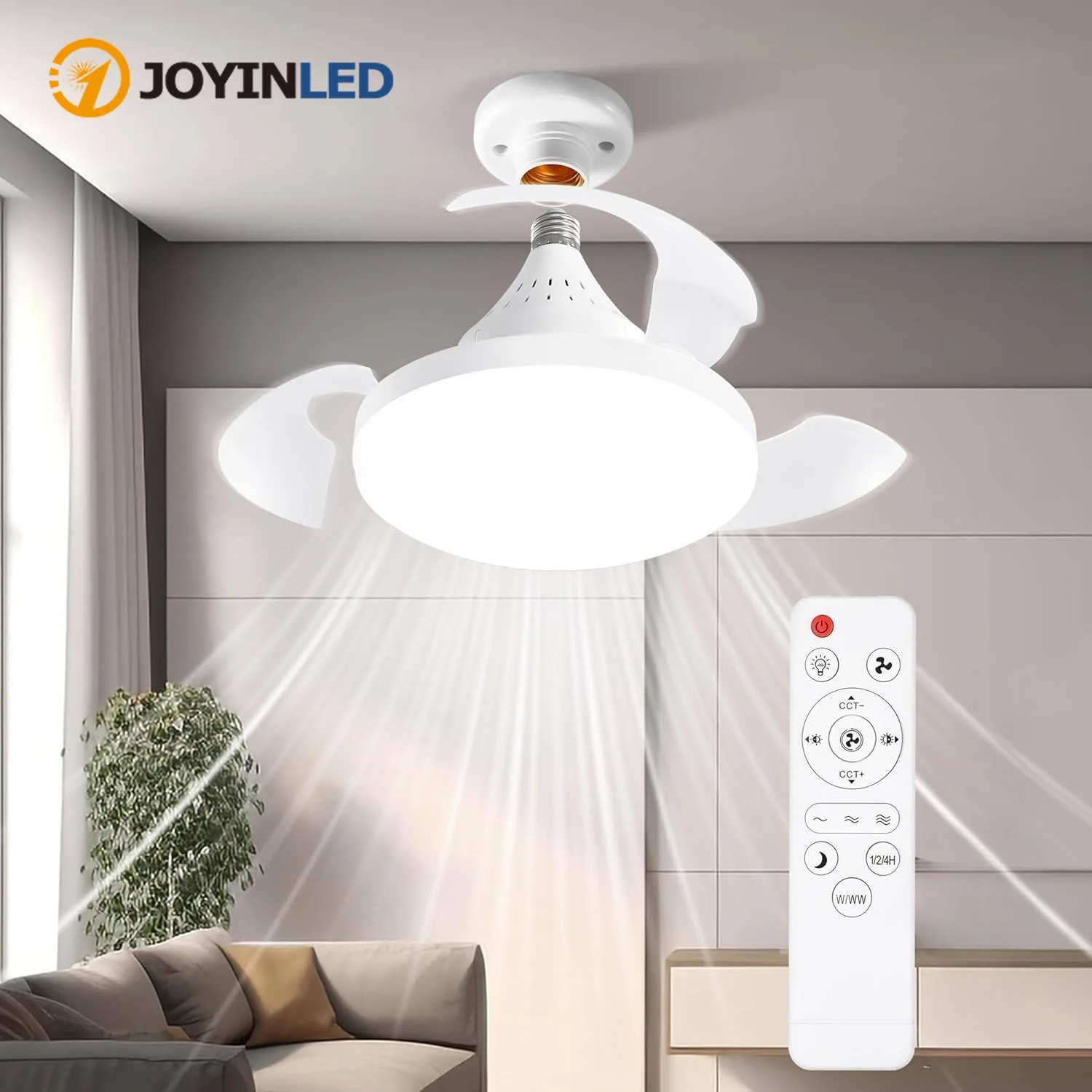 JOYINLED Deckenventilator mit Beleuchtung und Fernbedienung, versteckte einziehbare Flügel, dimmbare, leise Ventilatorleuchte, 3 Geschwindigkeiten für Schlafzimmer
