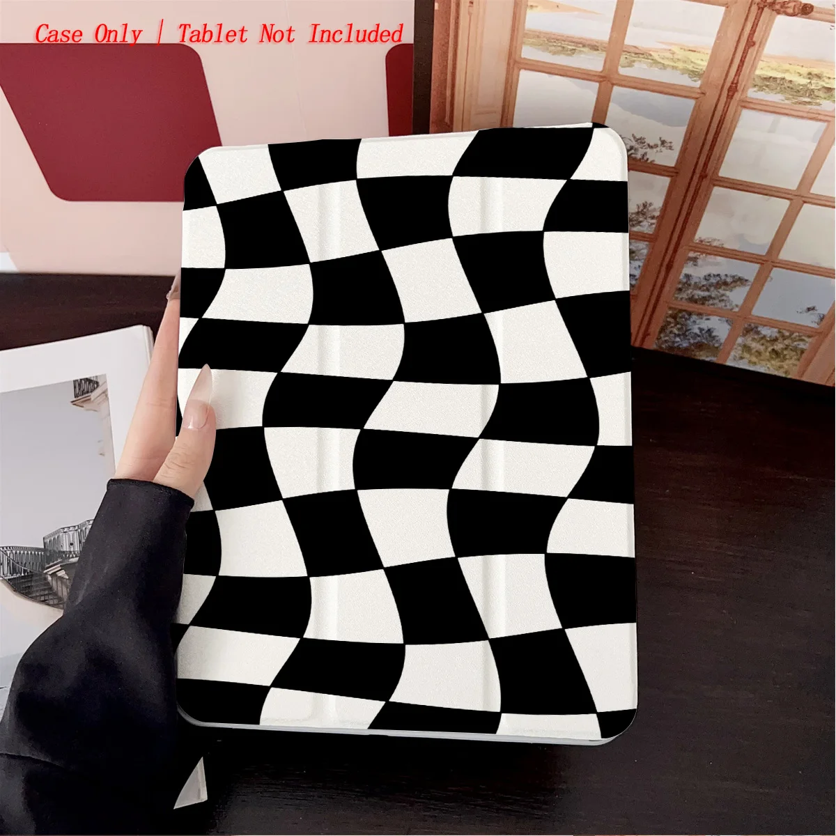 حافظة iPad بنمط شبكي باللونين الأبيض والأسود - غطاء متين مقاوم للصدمات لهاتف Apple Pro/Air/Mini