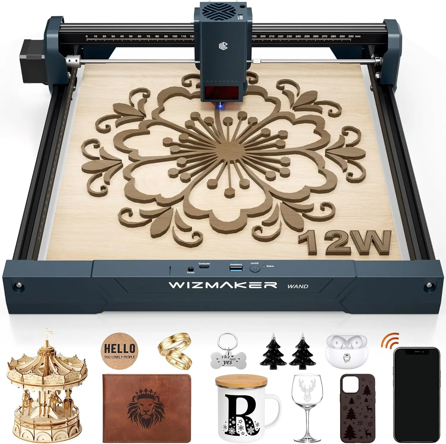 

12W Laser Engraver 300x300mm Diode Laser Cutter for Wood Leather Paper MDF Felt Coated Metals Dark Acrylic DIY