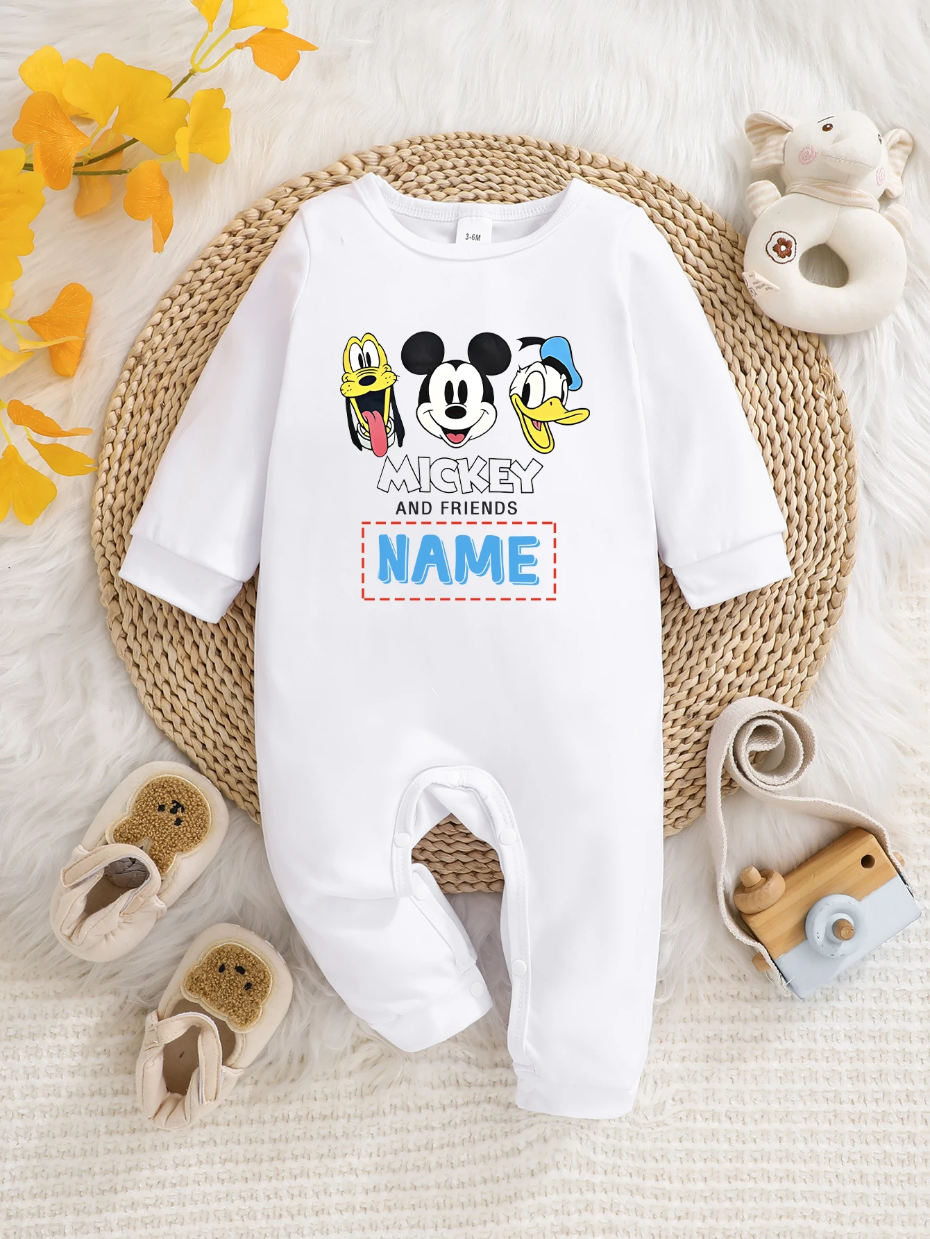 

[Officially Authorized] Disney Mickey Mouse Baby Long-Sleeved Onesie, Name Customizable, Soft and Easy-Care Fabric