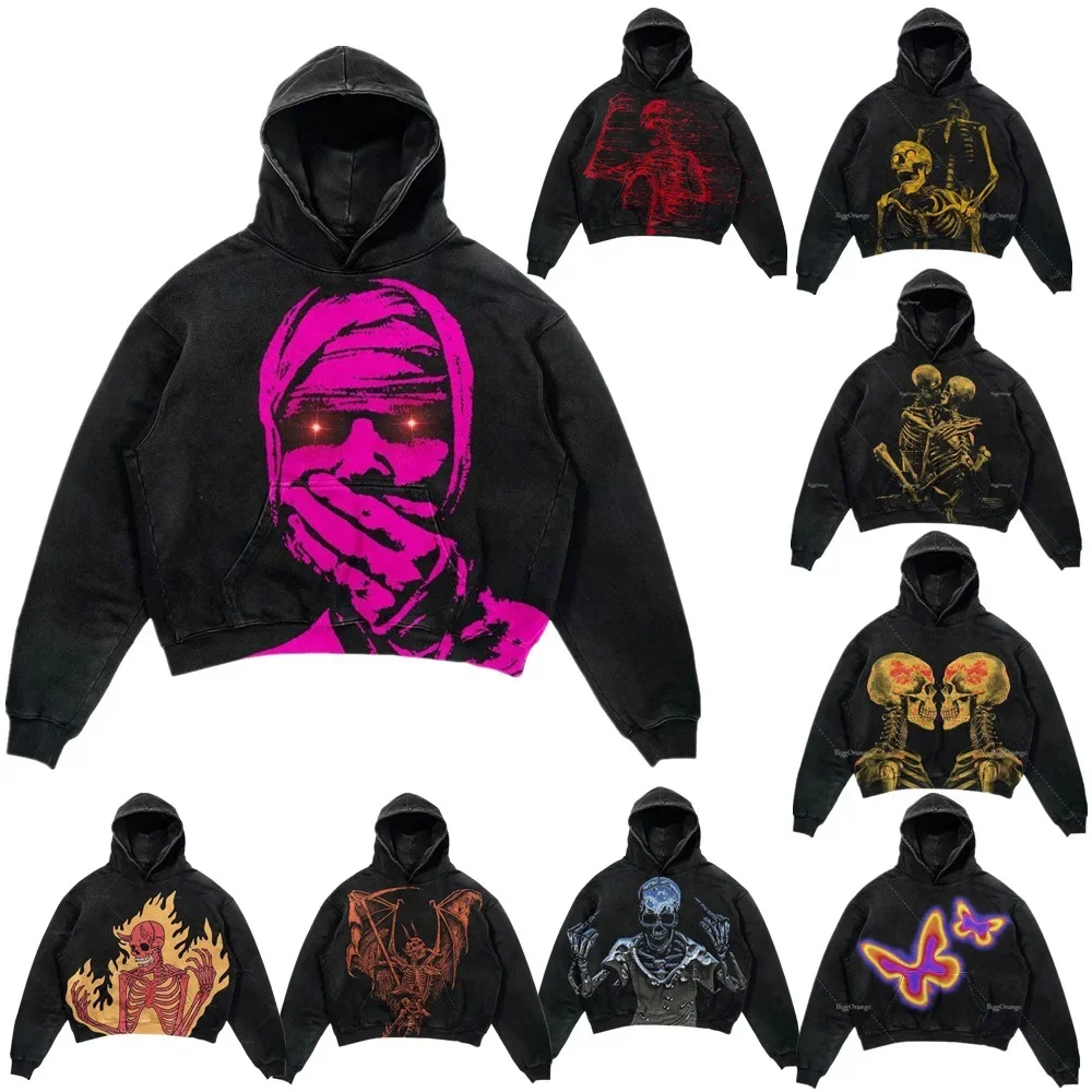 Punk Design Harajuku Streetwear Fashionable Large Hooded Sweatshirt for Men, Hip-hop Gothic Long-sleeved Hoodie for Women