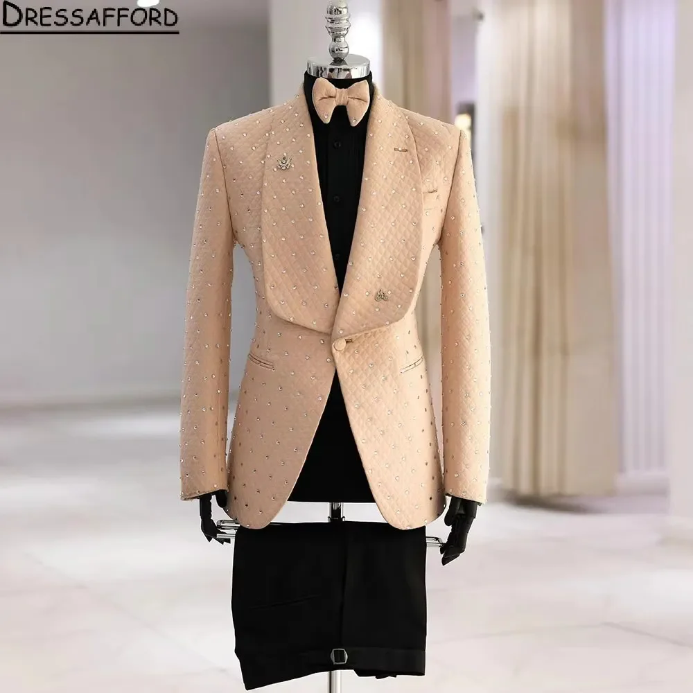 Champagne Lattice Men Suits Crystal Groom Wedding Tuxedos 2 Pieces Sets Dinner Prom Blazers Terno Masculino Completo