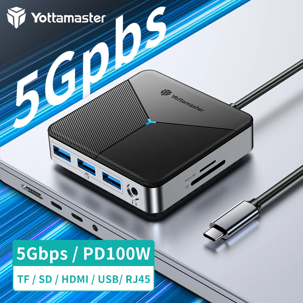 Yottamaster 10 Ports USB HUB Docking Station Adapter To PD100W USB-A Type-C with 10Gbps 4K HDMI Reader Slot Desktop Portability