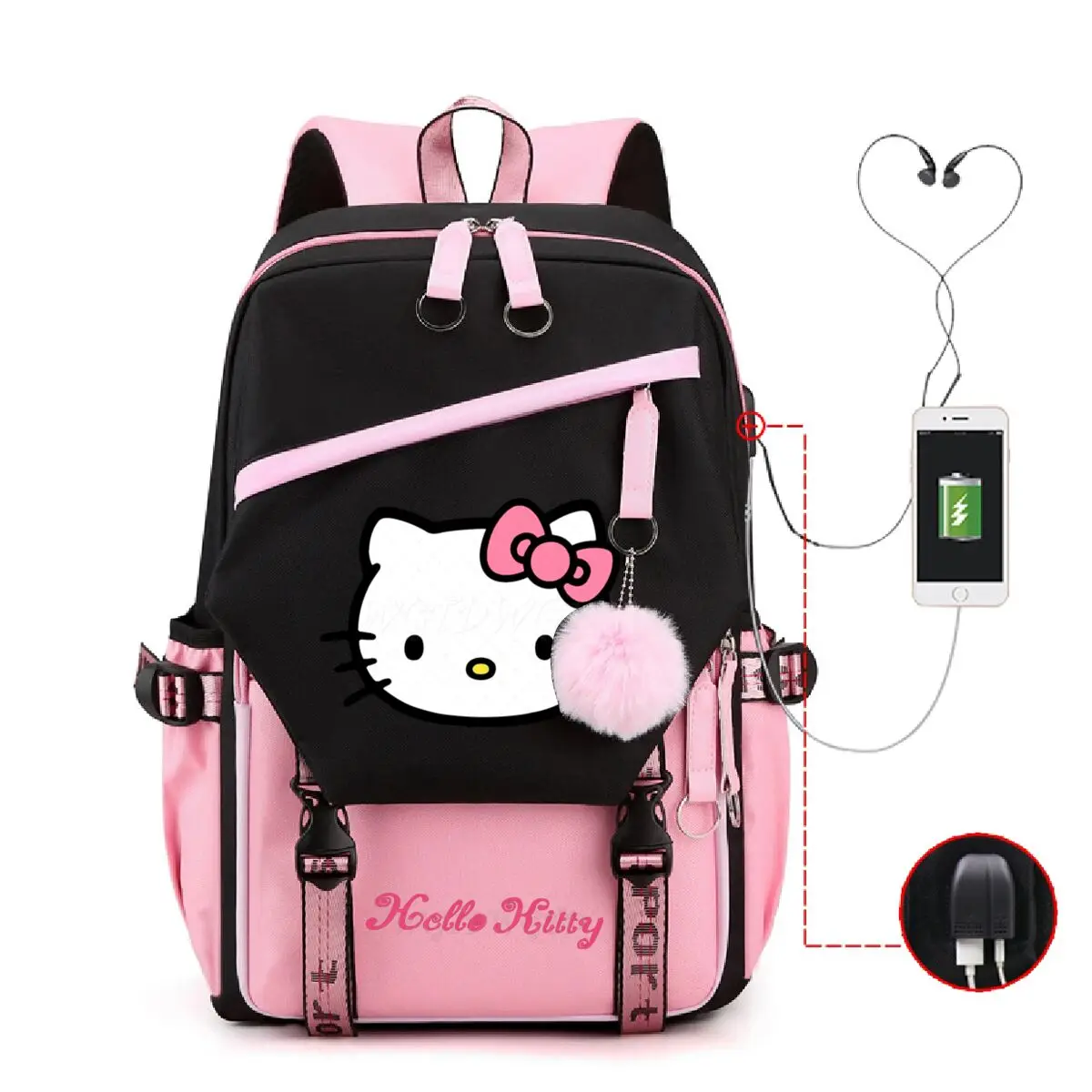 

Милые школьные ранцы с героями мультфильмов «Hello Kitty», женская сумка для зарядки через USB, большая вместительная сумка для ноутбука, рюкзак с героями мультфильмов, подарки, женские дорожные сумки