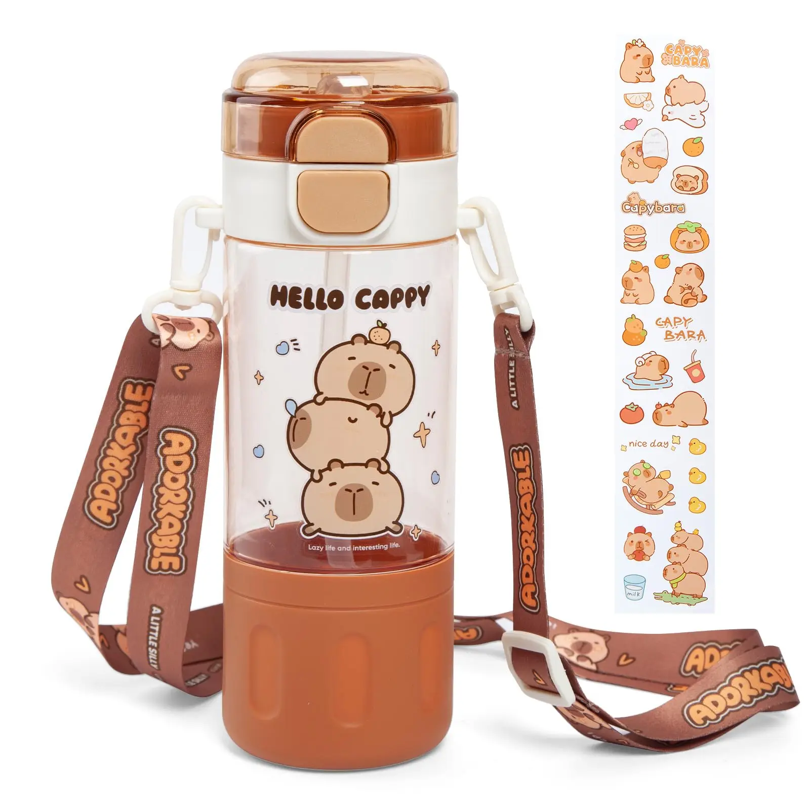 

Capybara Water Bottle 580ml Heat-Resistant Cute Water Bottle with Straw and Portable Adjustable Strap for School Office Travel