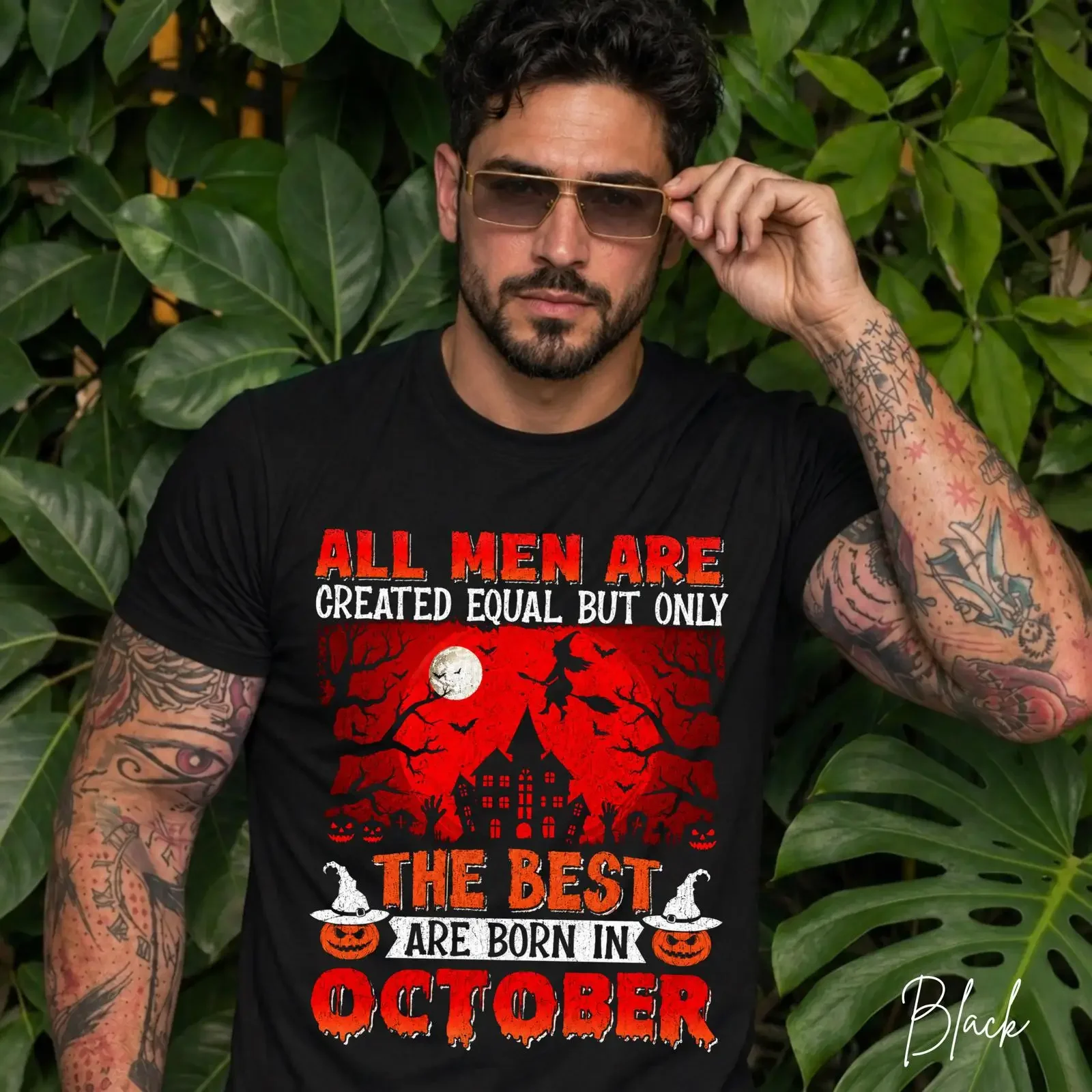 All Men Are Created Equal Only The Best Born In October T Shirt Halloween Birthday For Spooky Bday Witch Moon vintage Washed