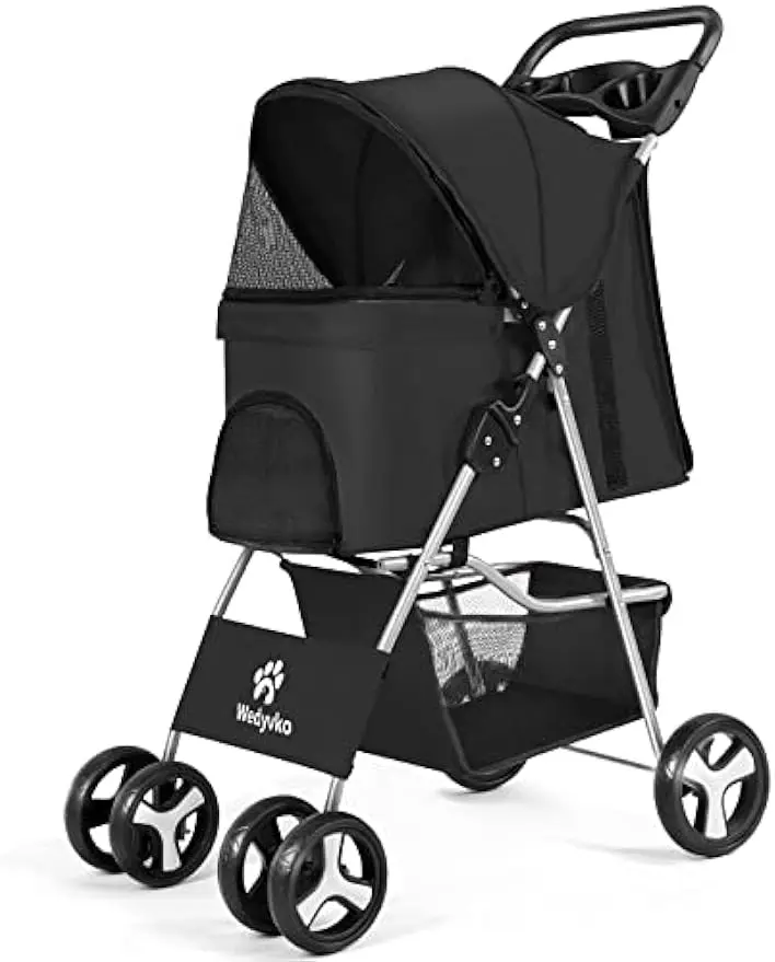 4 Wheel Foldable Cat Dog Stroller with Storage Basket, Handle 360° Front Wheel Rear Wheel with Brake for Small Medium Dogs