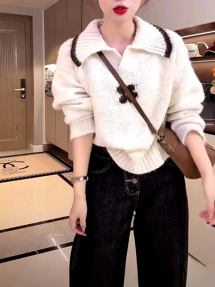 Słodki sweter damski z dzianiny na jesień i zimę, nowy, w modnych kolorach, z kwiatowym wzorem, casualowy, wygodny, ciepły, długi sweter.