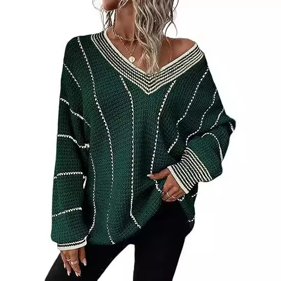 New Knitted V-neck Striped Pullover Loose Top