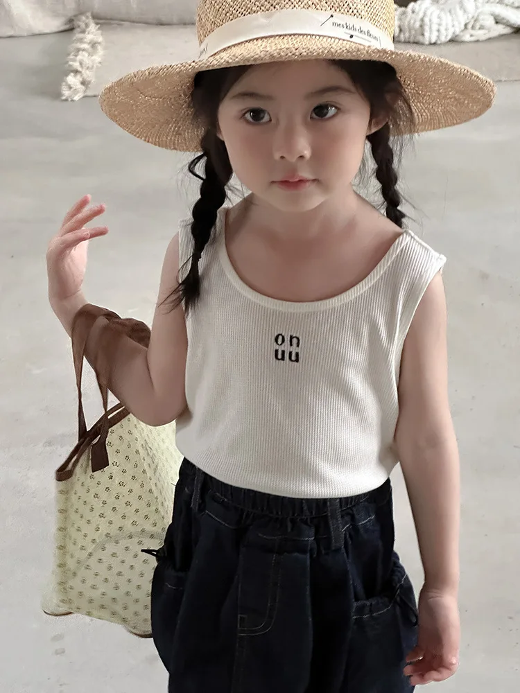 2024 Summer New Children Sleeveless Knit T Shirts Cotton Kids Girls Embroidery Letter Vest Baby Bottoming Tops Toddler Clothes