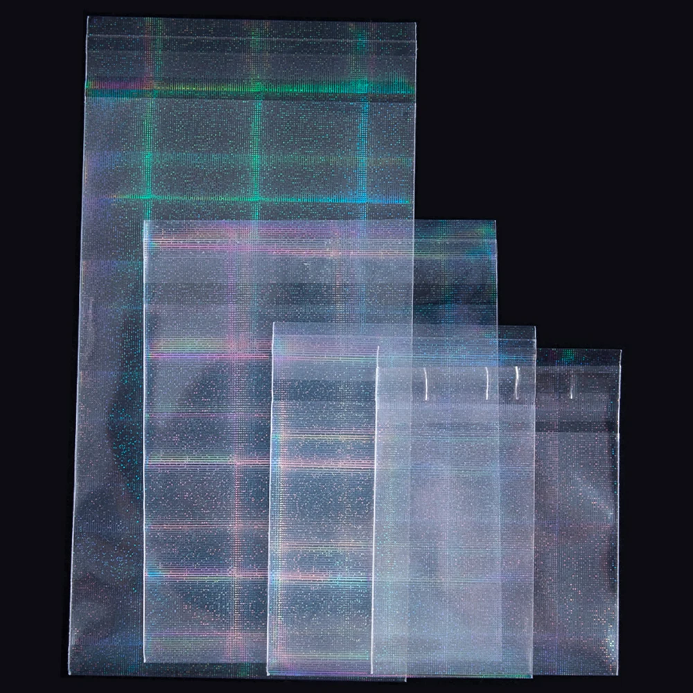 20/50pcs Holographic Laser Self-adhesive Bag Clear Plaid Pattern Flash Pouches for DIY Jewelry Package Badge Bags Card Sleeves