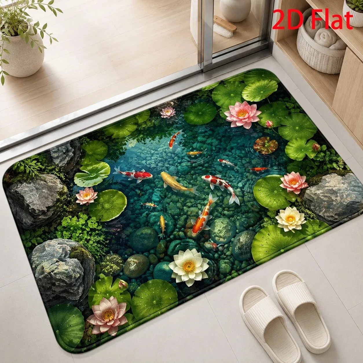 Oriental Water Lily Koi Carp Pond Non‑Slip Doormat, Traditional Style Rug for Home Entrance Porch Indoor Daily Household Decor