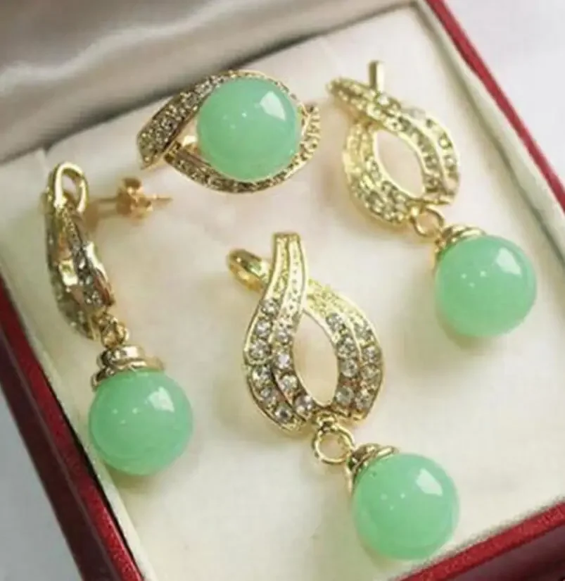 

Jewelry AAA 12mm Green jade Pendant Necklace Earrings Ring set have no box