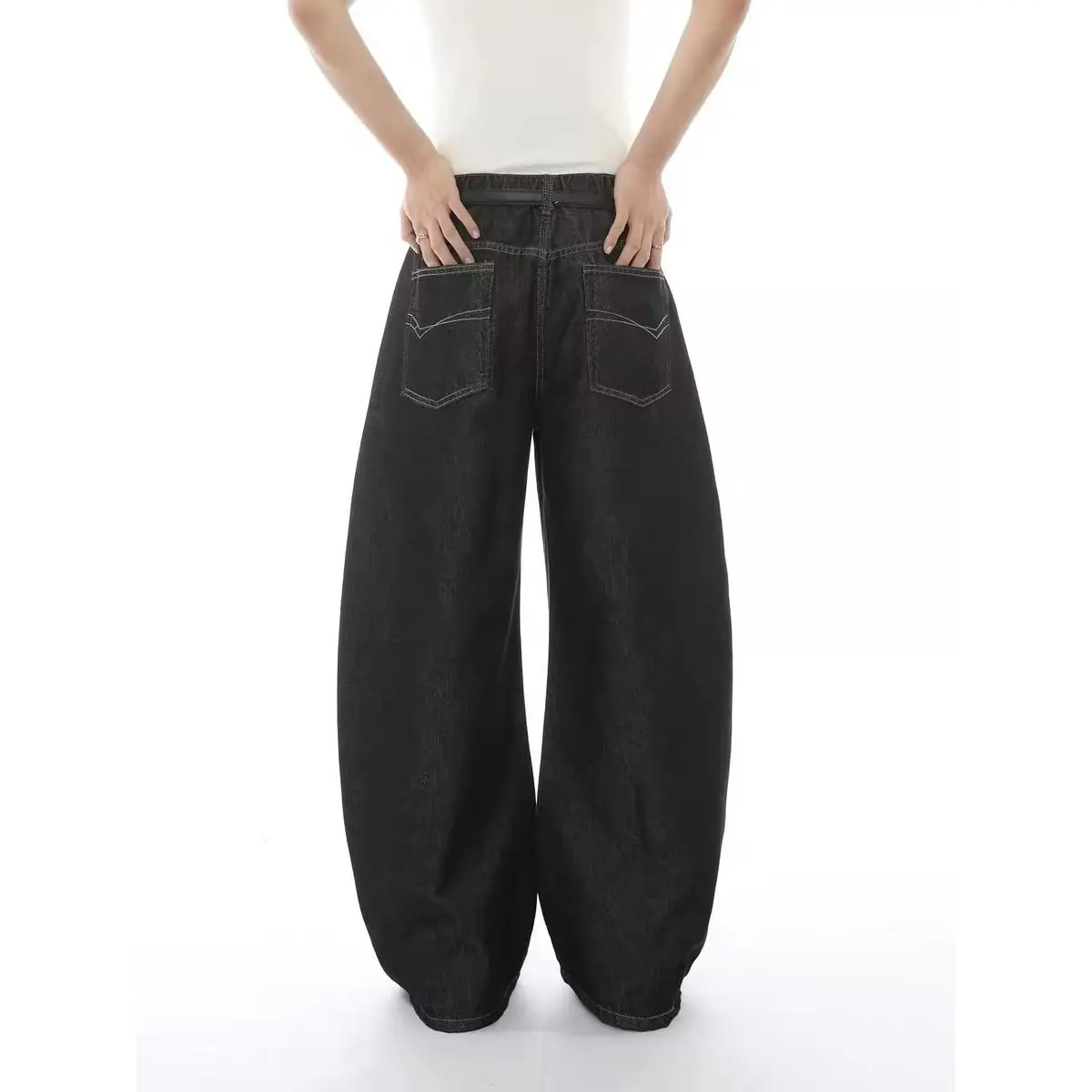 Men's Long Buckle Design Black Jeans Casual Pants Wide Legs Street Sweatpants Cool Boys Spring Bottom Male High Waist Trousers