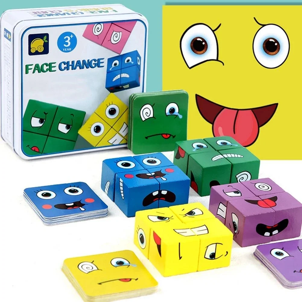 Face Changing Building Blocks Cartoon Cube Board Game Wooden Puzzle Montessori Toy Anxiety Stress Relief Toys For Children Kids