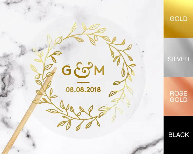 100 Stks/partij Custom Gold Folie Stickers Bruiloft Gunst Stickers Goudfolie Custom Stickers Custom Goud Verijdeld Clear Stickers
