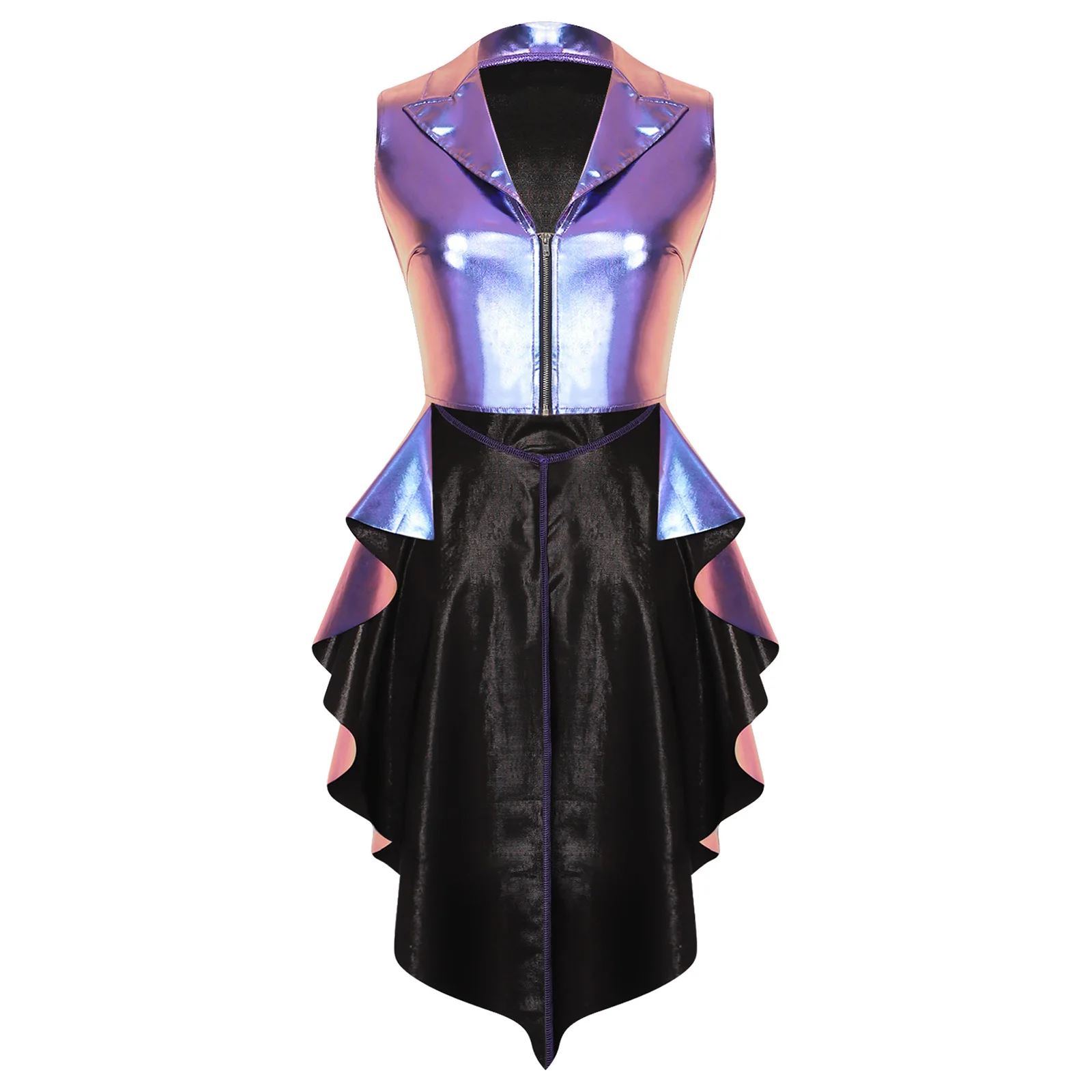 Women Halloween Carnival Circus Ringmaster Jacket Tailcoat Sleeveless Zipper Metallic Shiny Vest Outerwear for Club Rave Party