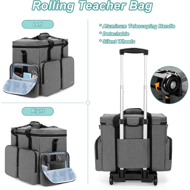 Laptop de até 15,6 polegadas, bolsa de professor com rodas para ensino, escritório, artesanato, sacola de professor com rolamento cinza
