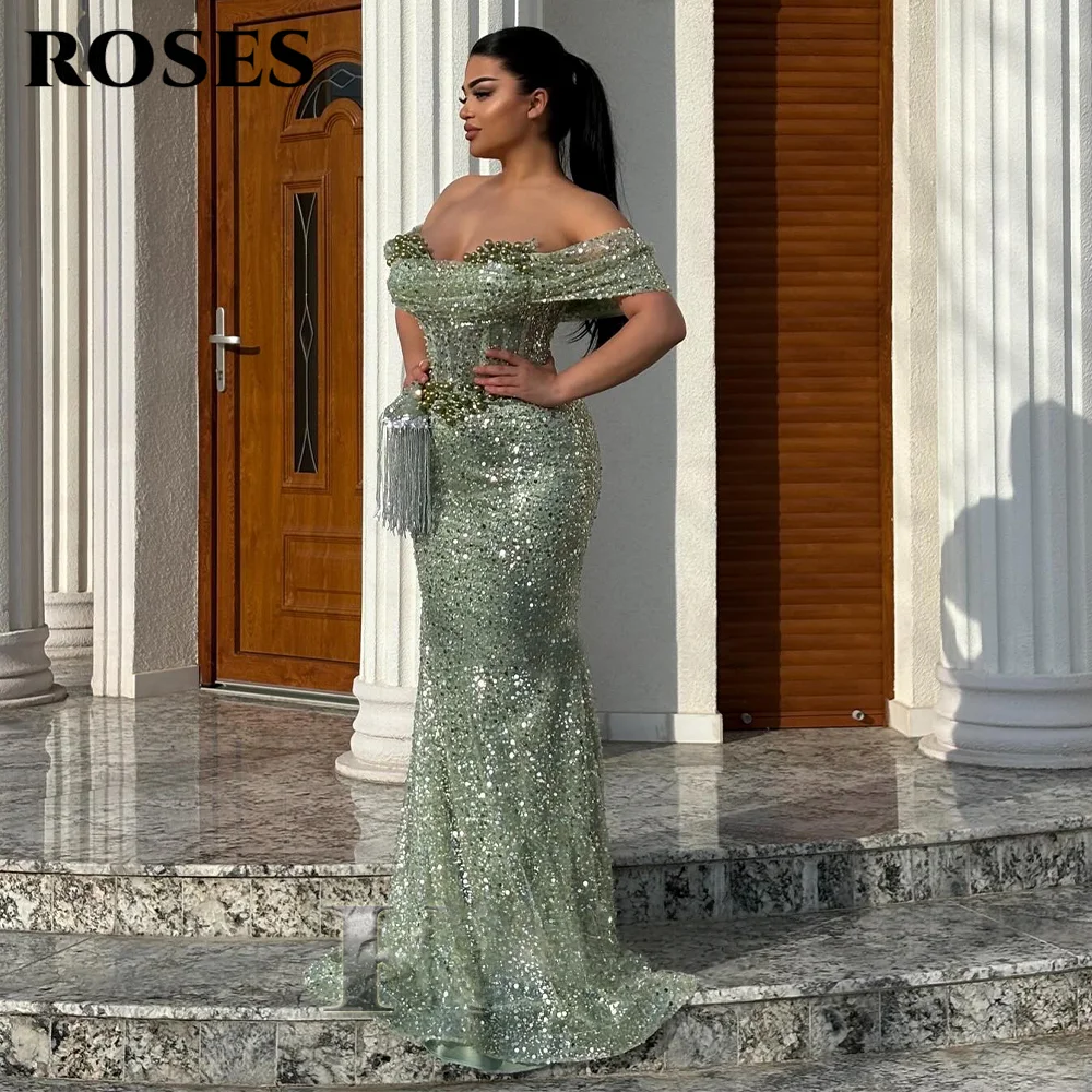 فستان سهرة أنيق باللون الوردي من ROSES بدون أكتاف مع لؤلؤ ومطرز بالترتر فستان حفلات حورية البحر للمرأة حسب الطلب #2