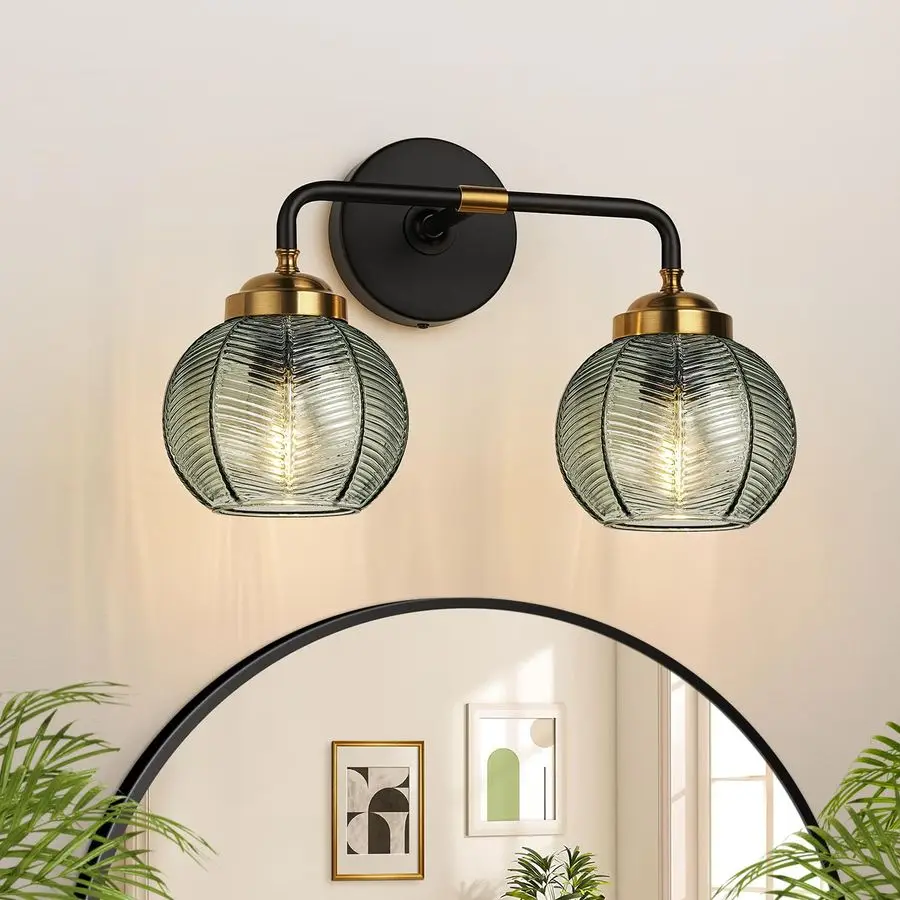 

Light Fixtures, 2Light Green Vanity Lights with Unique Leaf Texture Glass Shade, Modern Matte Black and Gold Bathroom Wall Lamp