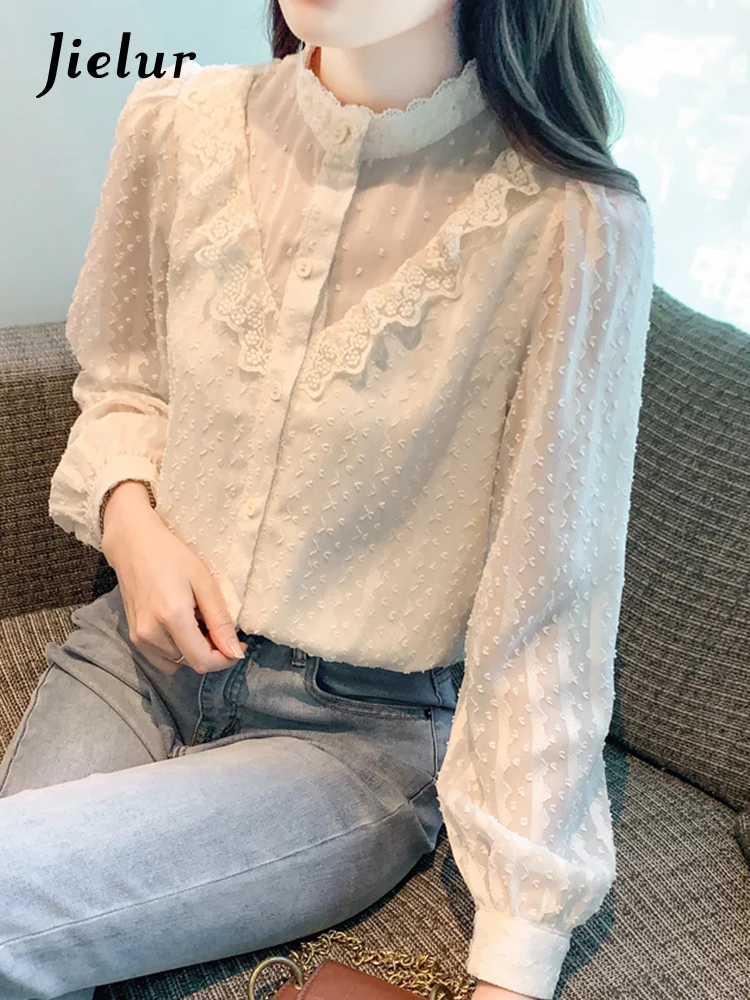 Jielur Autumn New Solid Color Slim Chiffon Women Shirt Sweet Ladies Elegant Shirt Female Apricot Lace Bubble Sleeve Top Woman