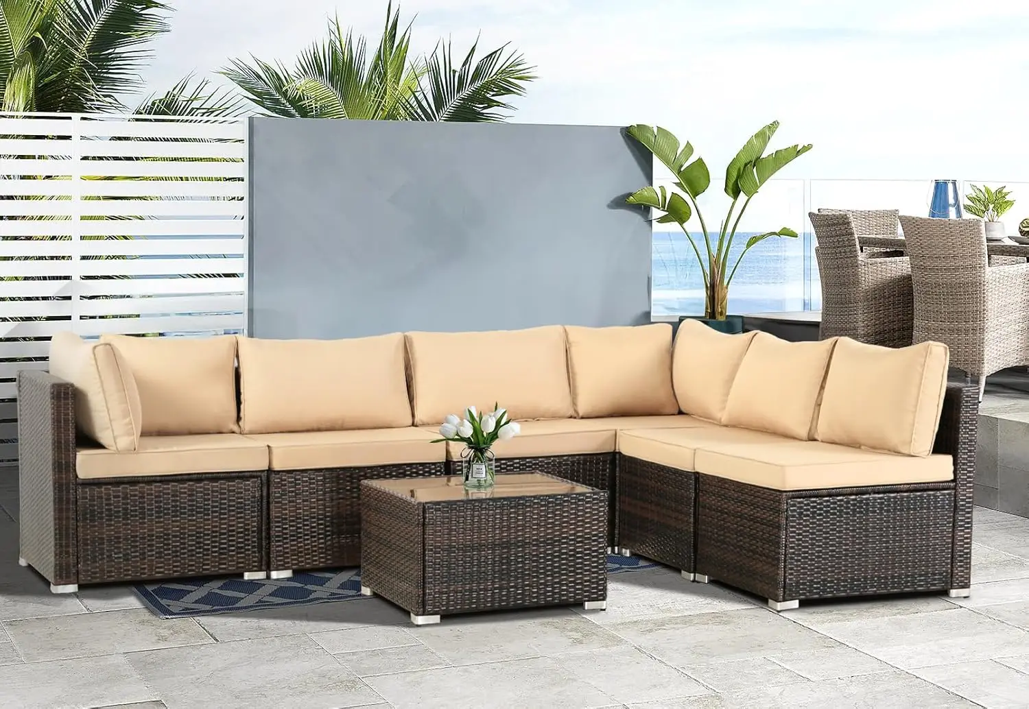 

7 Pieces Outdoor Patio Furniture Set Modular Patio Set Wicker Outdoor Sectional Sofa Set PE Rattan Patio Conversation Sets