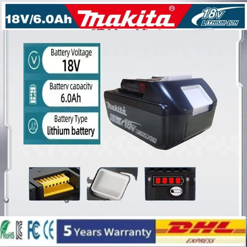 

2025 NewMakita 18V 6A Rechargeable Lithium Ion Battery With Battery indicator For Makita BL1830 BL1840 BL1850 Power Tool Battery