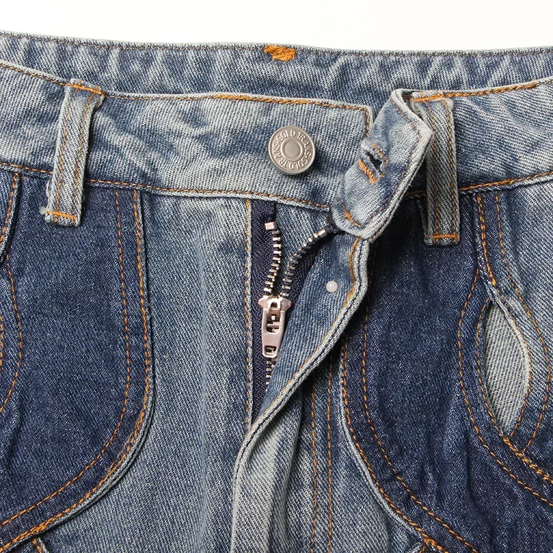 Spring Hollow Out Jeans For Women High Waist Patchwork Zipper Casual Wide Leg Pants Female Fashion Clothing New