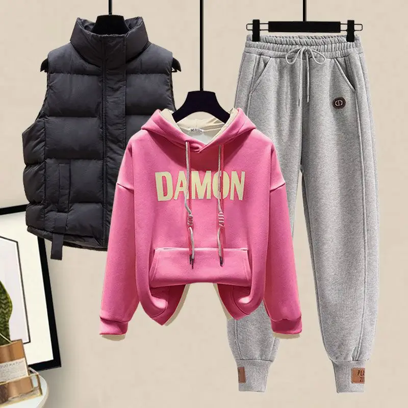 Plush and Thick Hoodie, Cotton Vest Casual Sports Pants 3-piece Fashionable Female Student Sports Set Winter Tracksuit Outfits