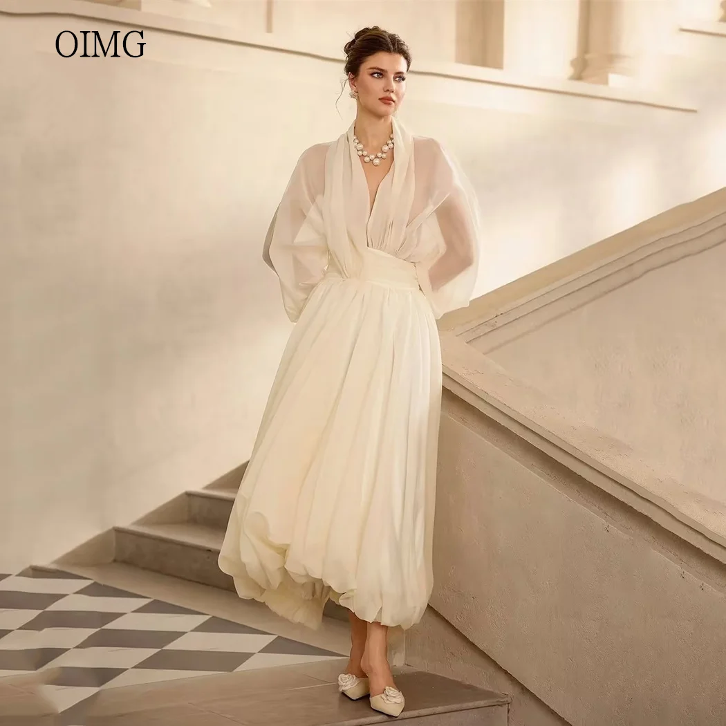 OIMG Elegant V Neck A Line Prom Gowns See-through Full Lantern Sleeves Party Gown Ankle Length Evening Dress 2026 Customized