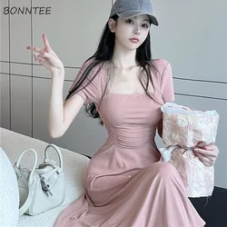 Dress Women Pink Solid Sweet Casual Mid-calf Summer Korean Style Fashion Young Girlish Classic All-match Basic Daily Tender Chic