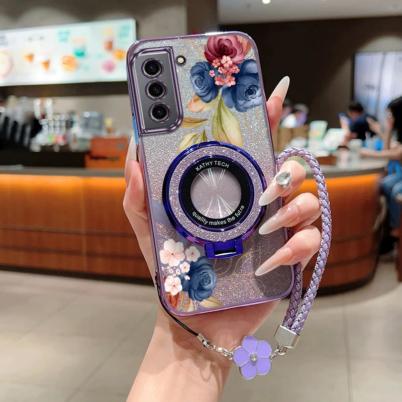 

S21 Чехол-держатель браслета с синими цветами для Samsung S21 S30Plus S20 S21Plus S9 S21E S10 S30 S10Plus S20FE Чехол