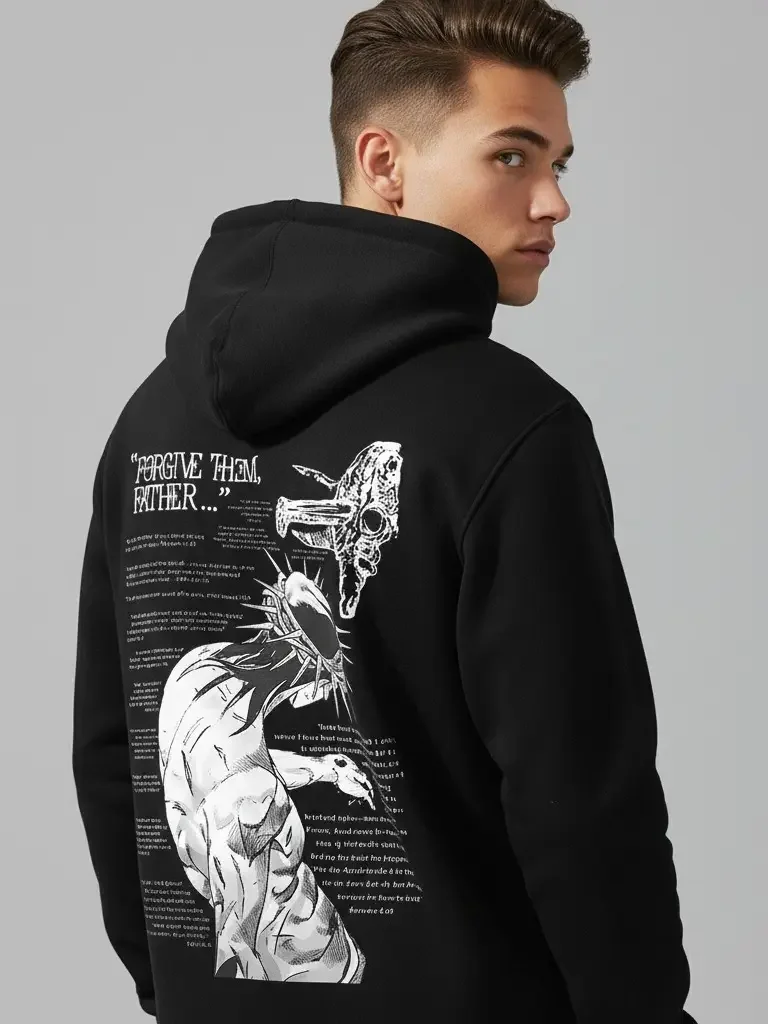 Men's Y2K, Forgive Them Father Bible Verses Graphic Hoodie - Cotton Blend Black Long Sleeve Pullover Regular Fit | Soft & Breathable Fabric, Durable Print, Everyday Comfort, Machine Washable, Street Style Casual Wear