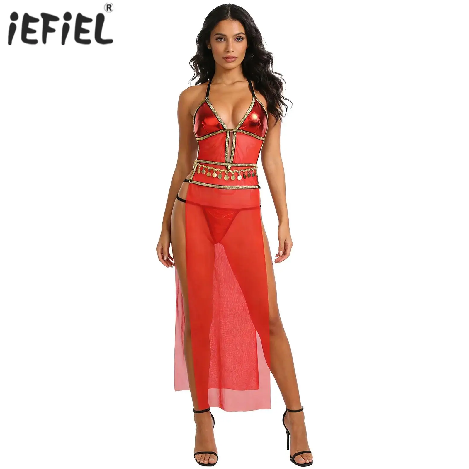 

Womens Belly Dance Dress with with Thongs Ancient Greek Athena Sexy Cosplay Costume Lingerie Metallic Shiny And Mesh Slit Dress
