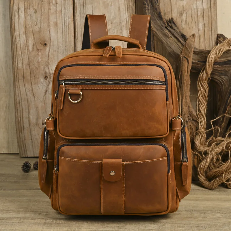 Crazy Horse Leather Backpack Genuine Cowhide Laptop Backpack Multi-Pocket Large Capacity Casual Daypack Business Travel Rucksack