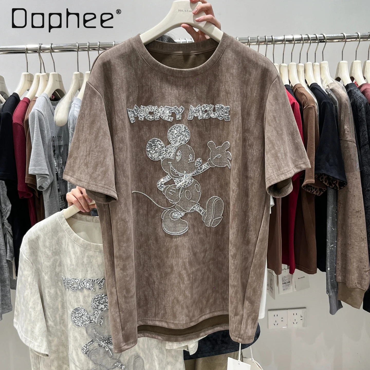 

Heavy Industry Cartoon Embroidery Large Version Short Sleeve T-Shirt for Women 2025 Autumn Loose Mid-Length Base Shirt Tops
