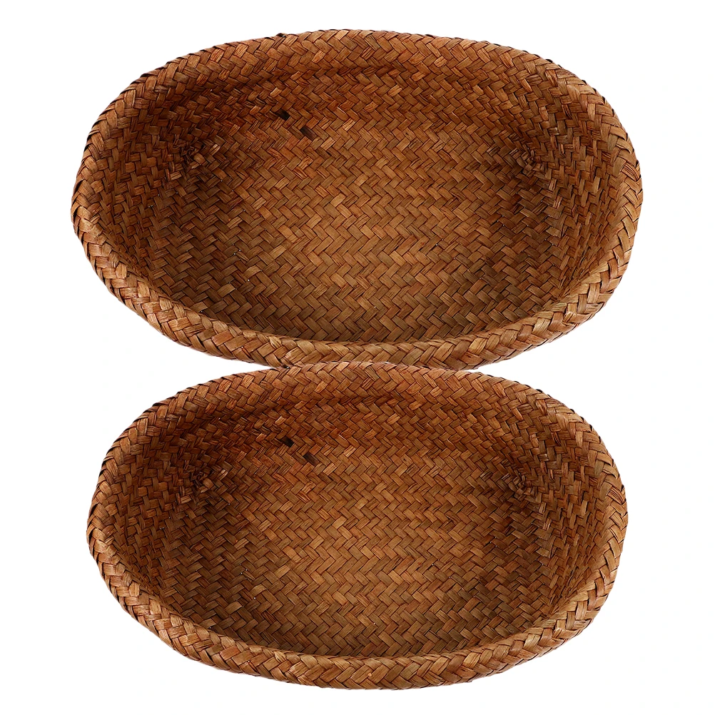 

2pcs Woven Storage Basket Straw Material Rustic Style For Kitchen Home Picnic Bread Fruit Organizer Sundries Holder