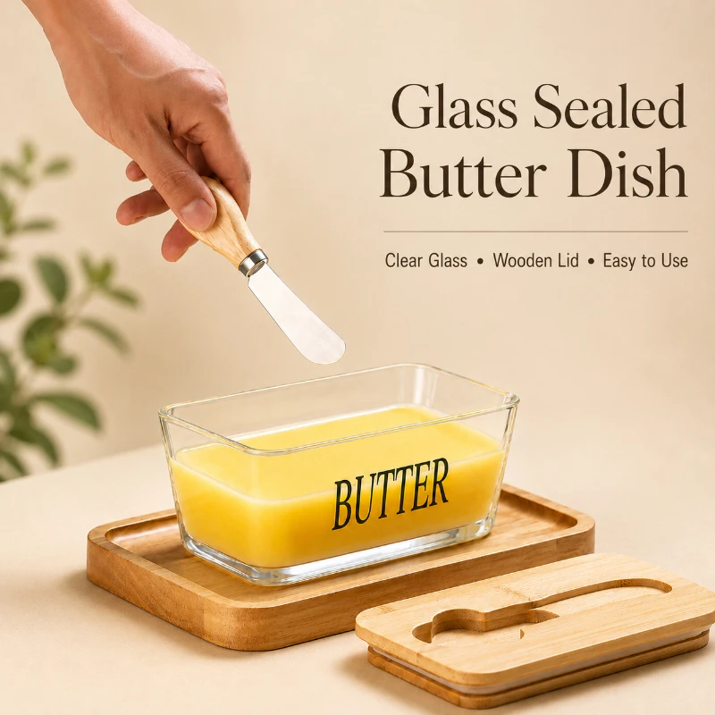 Rectangular Glass Sealed Butter Container with Lid, Household Cheese Fresh-Keeping Jar, Wholesale Household Cheese Box