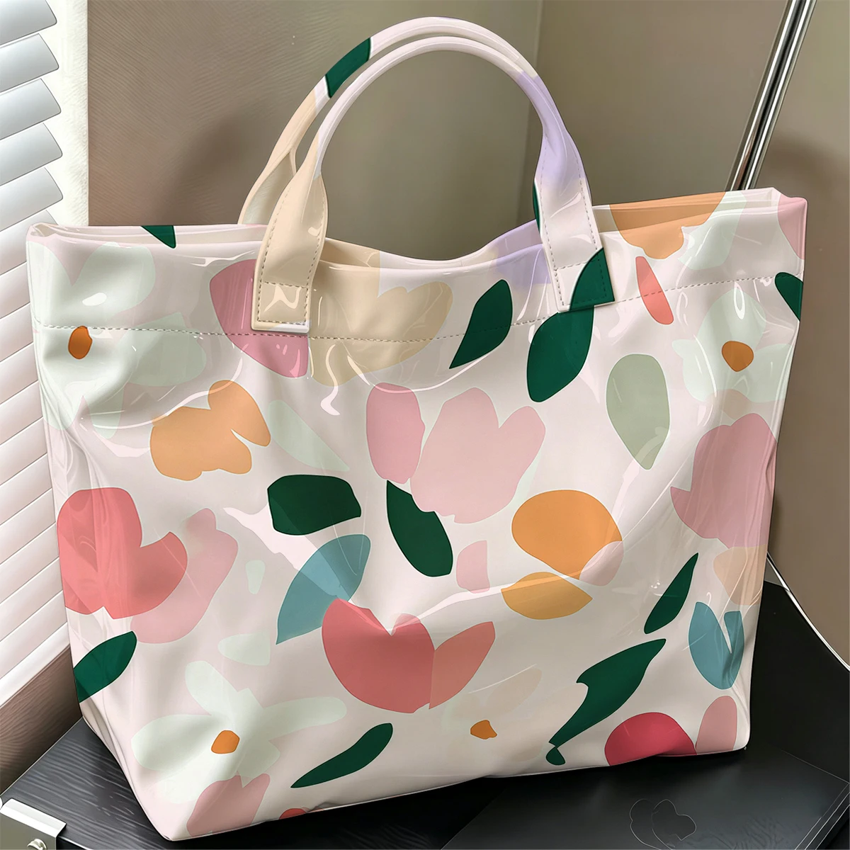 Macaron Color Block Stylish Large Glossy PVC Tote Bag Washable Waterproof Durable Ideal for Travel Commute Cosmetics Handbags