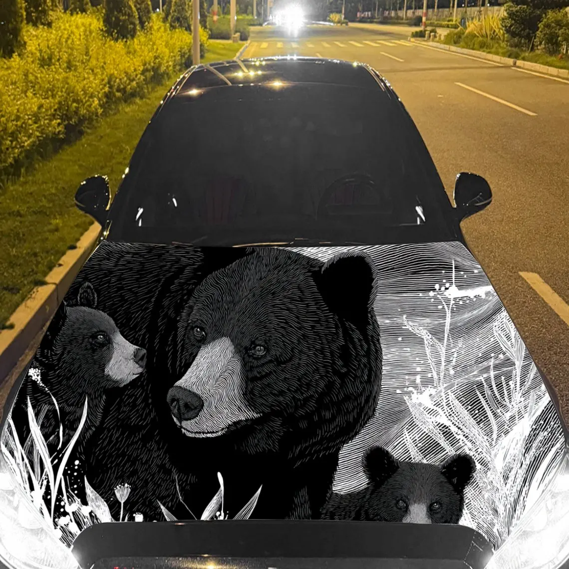 Car Decal Black Bear Family with Natural Elements - Wild Family-Oriented Aesthetic Car Hood Sticker, Waterproof Self - Adhesive