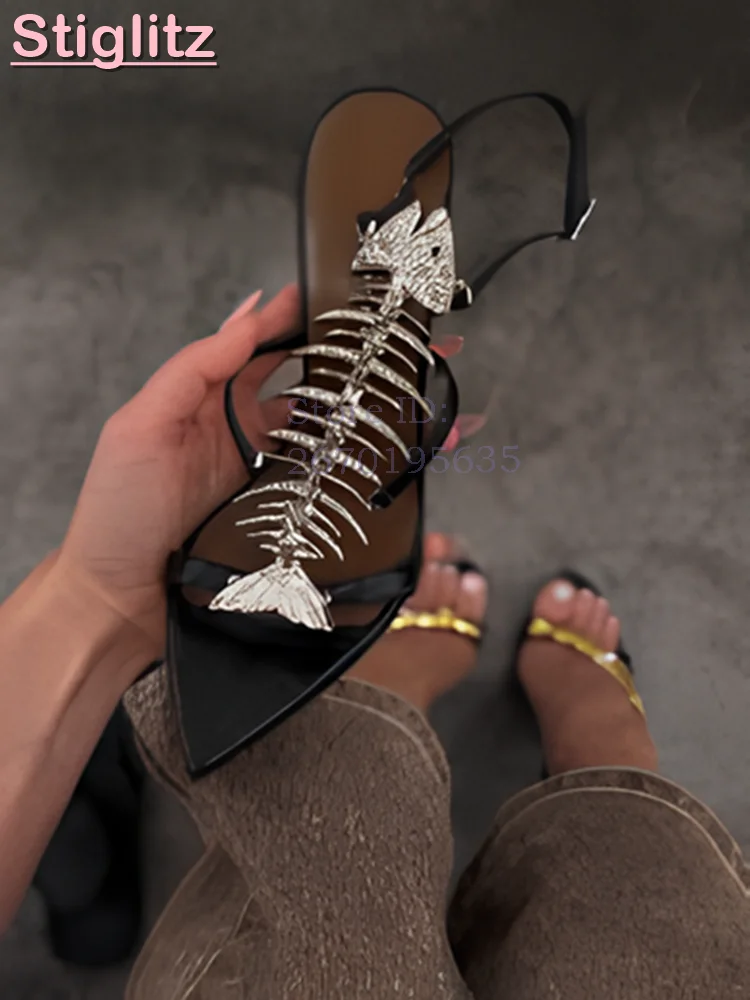 Purple Rhinestone Fishbone Stiletto Sandals Pointed Crystal Ankle Strap High Heels 2026 Summer New Party Roman Women Shoes