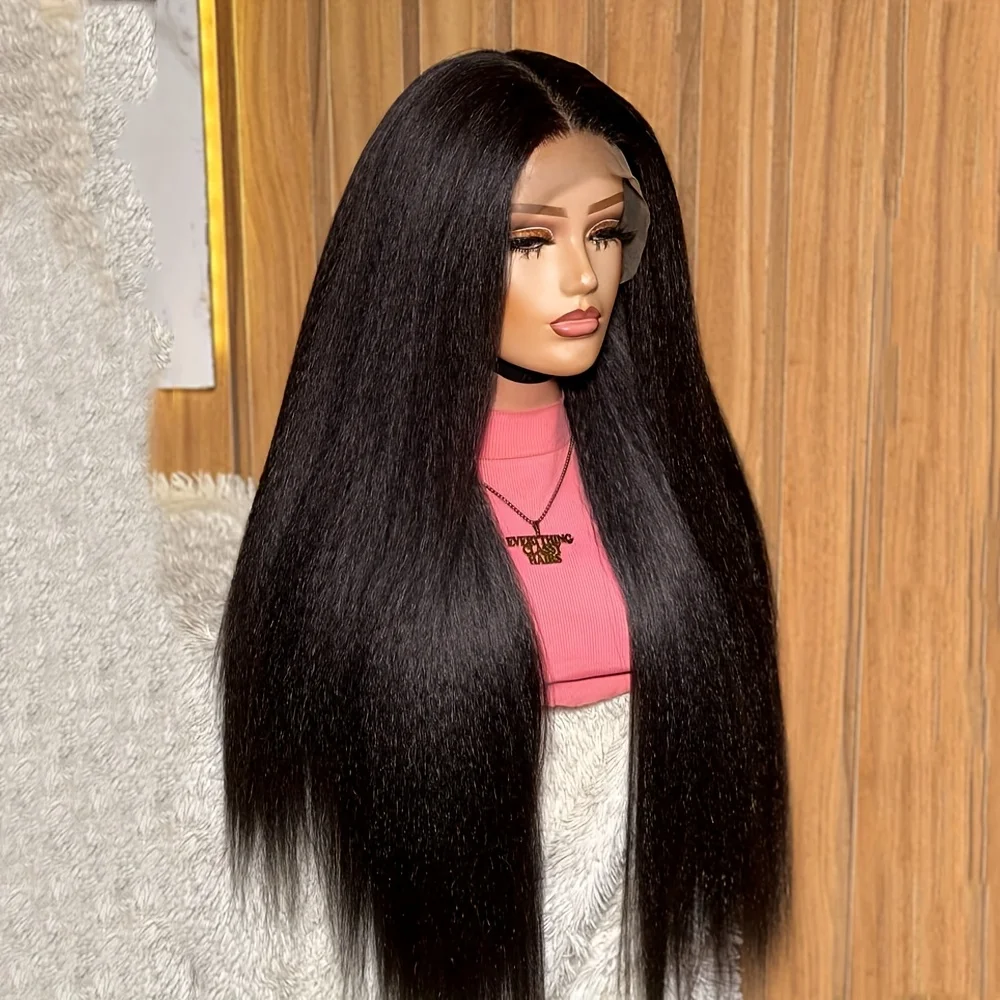 Natural Black 30 Inch Kinky Yaki Soft Long Glueless  Straight 13x4 Lace Front Wig For Women Free Part Baby Hair Preplucked Daily