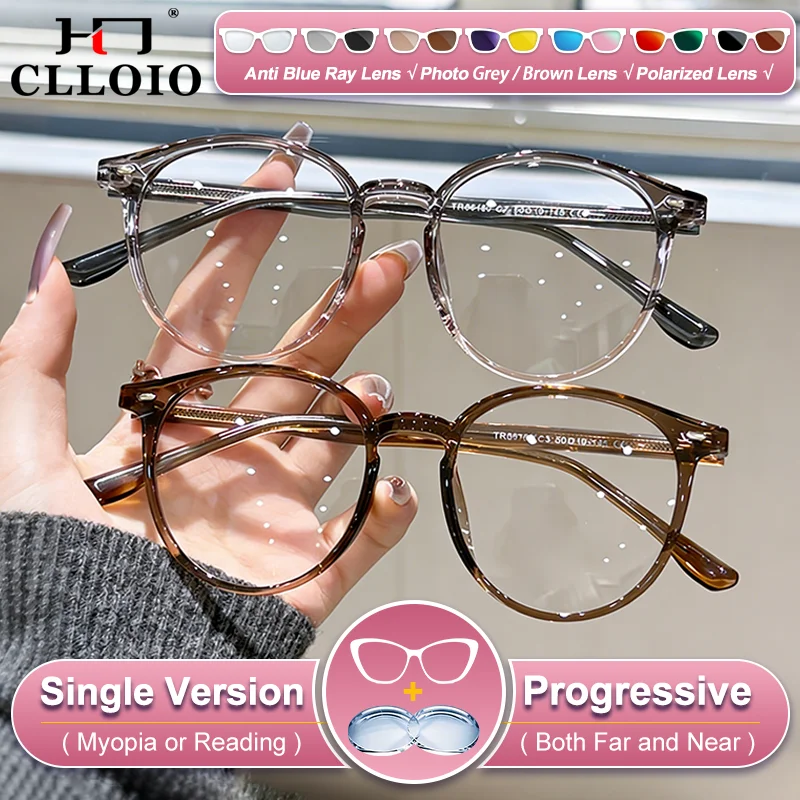 

CLLOIO Casual Style Women Round Frame Myopia Prescription Optical Glasses Anti Blue Ray Photochromic Progressive Reading Eyeware
