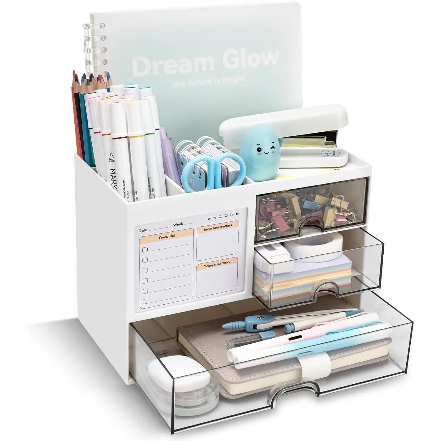 Desk Organizer with 3 Drawer, Multi-Functional Pencil Pen Holder for Desk, Desk Organizers and Storage with 8 Compartments