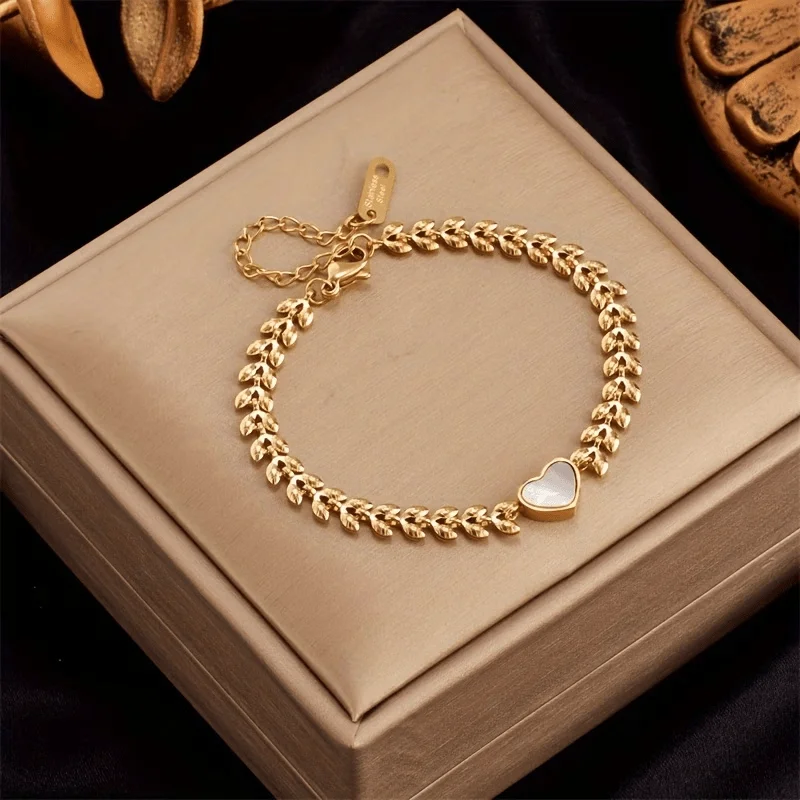 Trendy Wheat Ear Shell Love Chain Bracelet Bangle Heart Shaped Zirconia for Women Stainless Steel Shiny Crystal Wrist Thin Gifts
