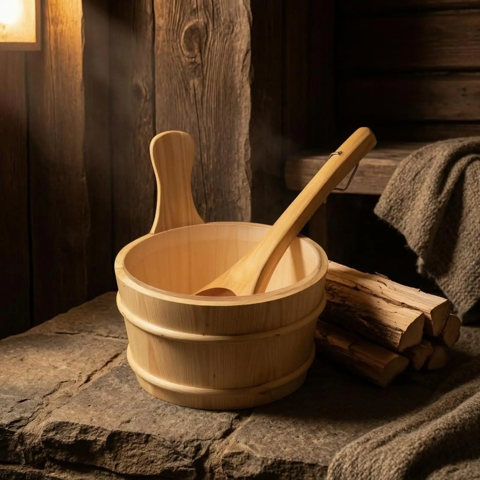 Sauna Water Pail Reinforced Banding Wooden Pail and Ladle Set Wide Uncovered Top