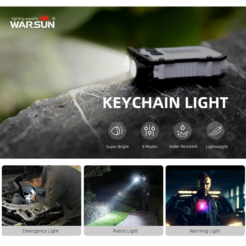 WARSUN SQ10 Portable Mini Keychain Light LED High Bright Flashlight Dual Light Source Camping Fishing Multi-function Tool Torch