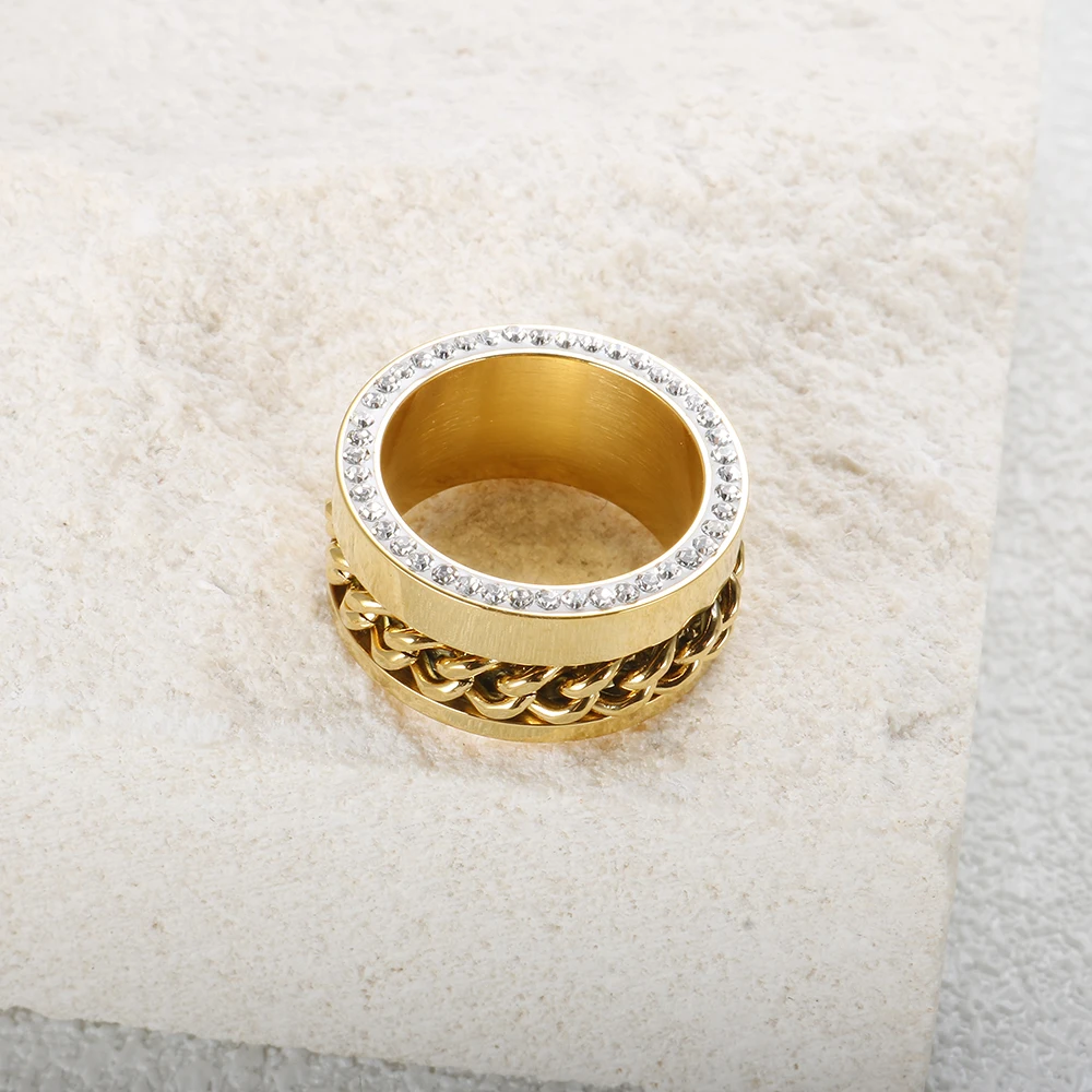 Punk Stainless Steel Cuban Curb Link Chain Ring For Men Women Gold Color Twist Pattern Crystal Finger Rings Female Jewelry